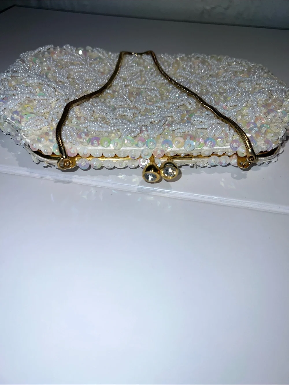 Source Unknown Ivory Pearl & Sequin Beaded Evening Clutch Vintage 1950s